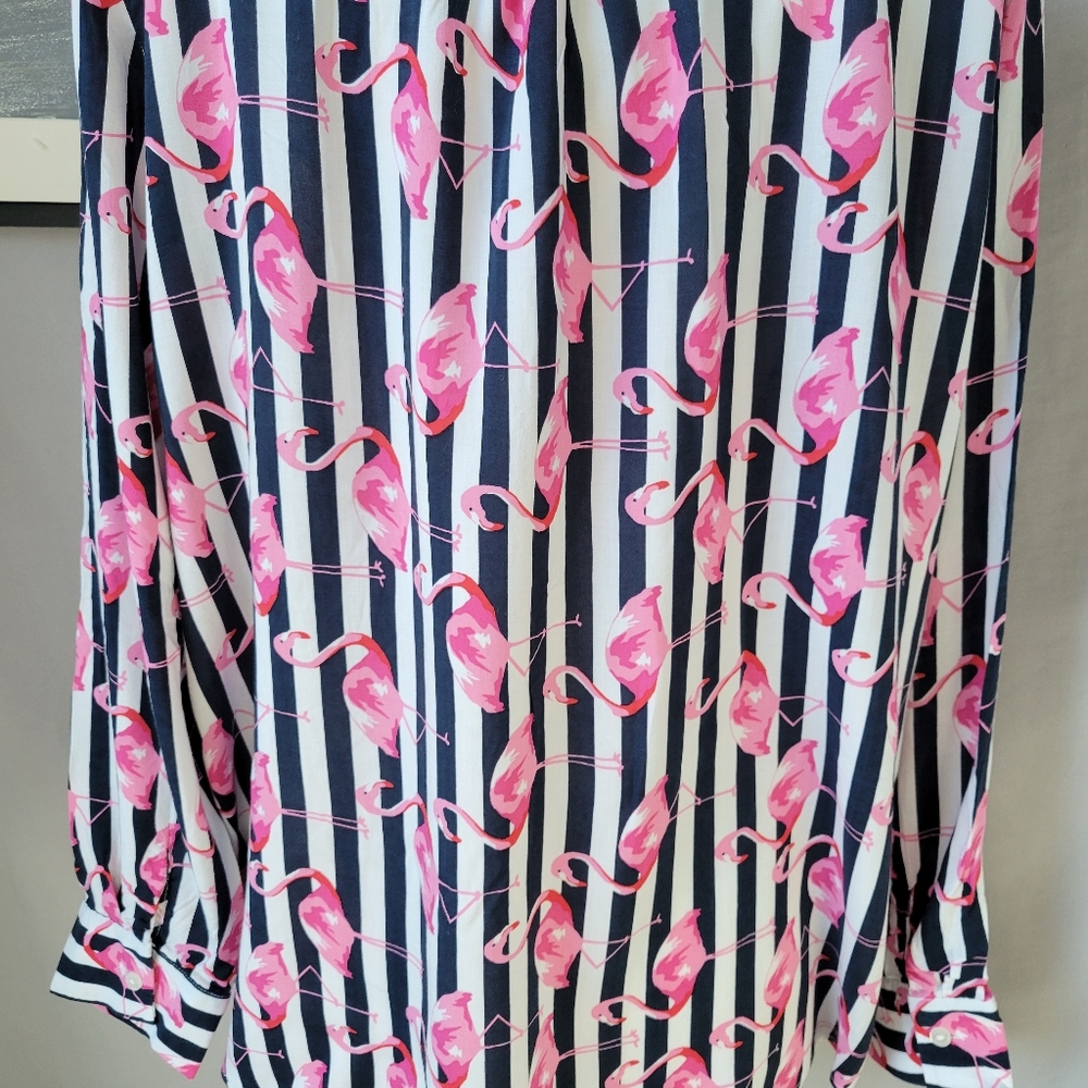 Milano Italy Flamingo Novelty Print Stripe Button Up Shirt 42 or L - Picture 10 of 14